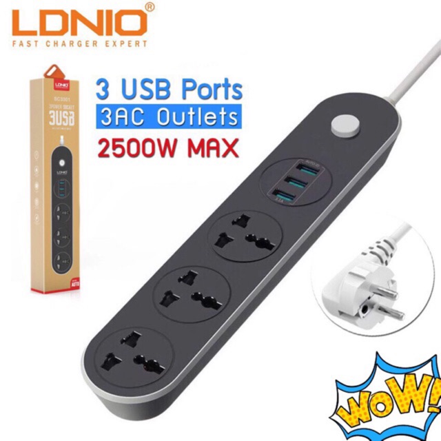 ldnio-sc3301-3-ports-5v-3-1a-travel-charger-adapter-us-plug-socket-power-extension-1-6m-รับประก