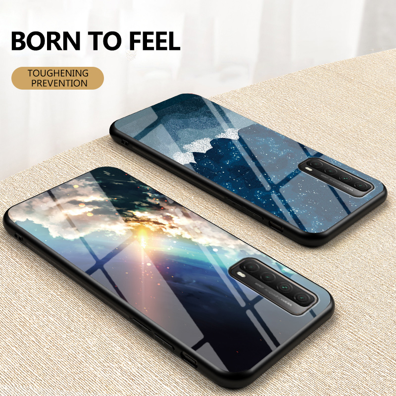 starry-sky-tempered-glass-phone-case-for-huawei-y7a-2020-soft-frame-anti-scratch-hard-back-cover-by