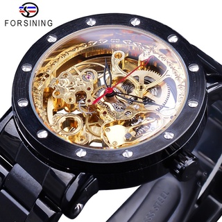 Forsining Black Luxury Nail Bezel Antique Steampunk Men Skeleton Mechanical Watch Steel Top Brand Automatic Royal Flower