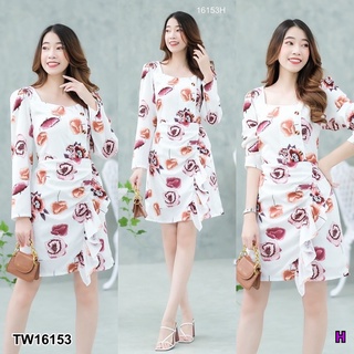 TW16153 Minidresses แขนยาวทรงคอเหลี่ยม กระดุมด้านหน้า แต่งผ้าระบาย มีโบว์ผูกเอว/มีซิปซ่อนด้านหลัง/มีซับใน ผ้ามิลานลายดอก