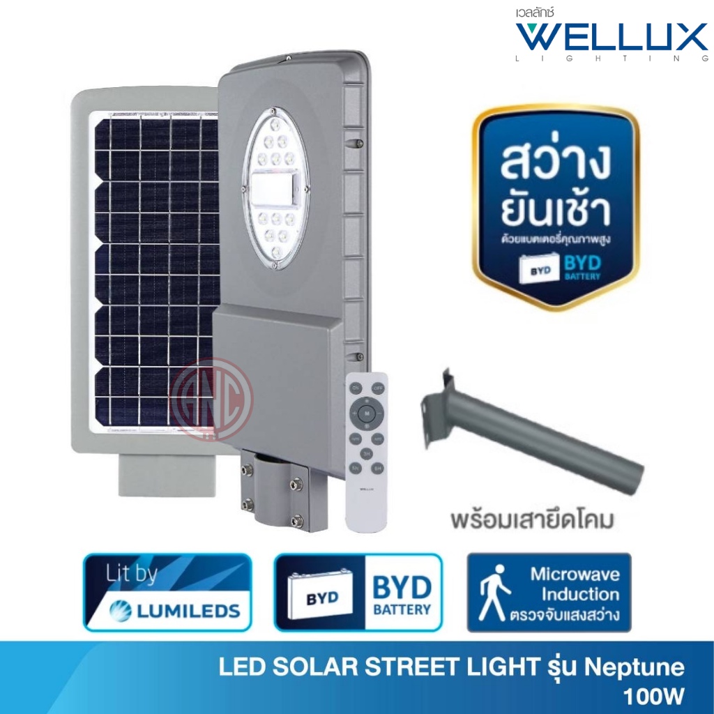 wellux-โคมไฟถนนโซล่าเซลล์-100w-สว่างยันเช้า-รุ่น-neptune-series-บอดี้สีดำ