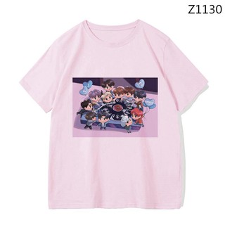 KPOP SM Super Junior การ์ตูนอั ลบั้มเสื้อเชิ้ ตผ้าเ สื้อแข นสั้นเสื้อยืด  กระแสเกาหลี t-shirt summer boys aid สาว pink T