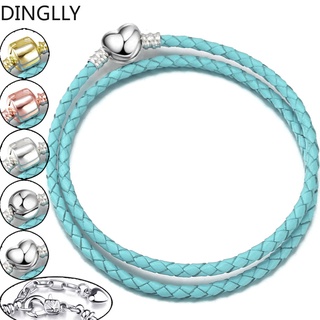 Dinglly สร้อยข้อมือ หนังถัก สีเขียว สีฟ้า สร้อยข้อมือยาว ของแท้ Diy ลูกปัดโบฮีเมียน สร้อยข้อมือหนังถัก เครื่องประดับ อุปกรณ์เสริม