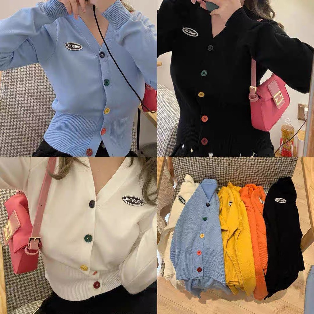 รูปภาพของCicishop(พร้อมส่ง)(5576-1)เสื้อแขนยาวคาดิแกนลูกฟูก คอวีแต่งกระดุมหลากสีสีสดผ้าหนากันหนาวคิ้วท์ๆลองเช็คราคา