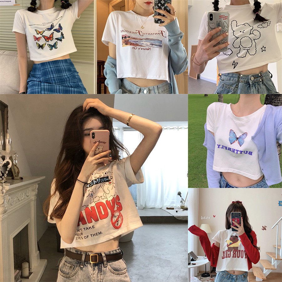 ภาพหน้าปกสินค้าพร้อมส่ง เสื้อยืดแขนสั้นทรงสลิมเอวสูงสะดือ จากร้าน luckycolor8 บน Shopee