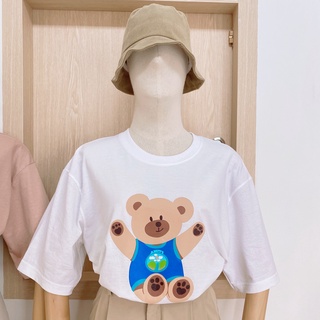 เสื้อยืดพิมพ์ลายแฟชั่น Happy bear on earth oversize เสื้อยืด เสื้อโอเวอร์ไซส์ ลายน้องหมีมาใหม่