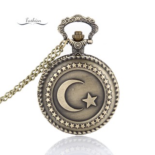 Antique Bronze Turkish Flag Design Moon and Star Theme Quartz Pocket Watch With Necklace Chain @th