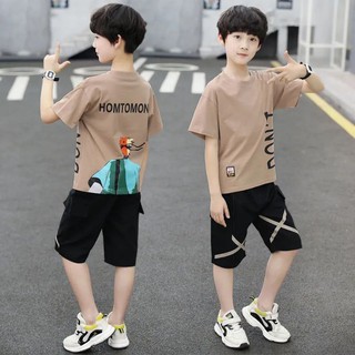✣✾ชุดเด็กชายผ้าฝ้ายแขนสั้น 2021 เสื้อผ้าฤดูร้อนใหม่เวอร์ชั่นเกาหลีของบิ๊กบอยฤดูร้อนเสื้อผ้าบางชุดสูทสองชิ้น