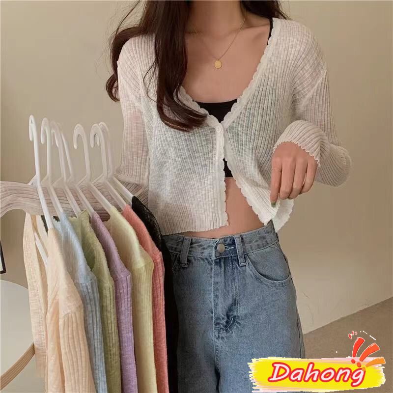 dahong-เสื้อคลุมคาร์ดิแกน-เสื้อไหมพรมบาง-กระดุมหน้าเเขนยาวคอวี-สไตล์เกาหลี-ฟรีไซส์-70068