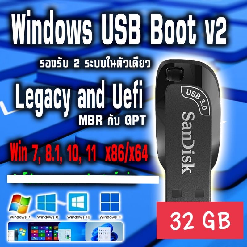 ราคาและรีวิวWindows USB Boot All (7, 8.1, 10, 11, Server)x86/x64 รองรับ 2 ระบบ ทั้ง Legacy และ Uefi (MBR and GPT) windows อย่างเดียว