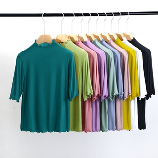 พร้อมส่ง เสื้อยืดลําลอง ผ้าฝ้าย แขนสั้น คอสูง ทรงหลวม สไตล์เกาหลี พลัสไซซ์ สําหรับผู้หญิง