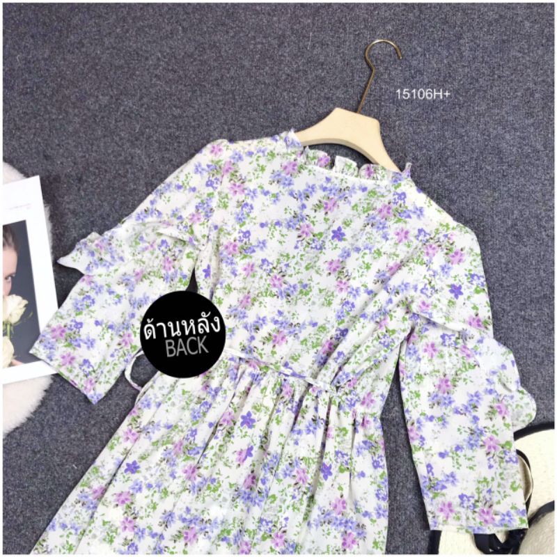 เดรสยาว-ลายดอก-คอวี-เอวผูกโบว์-เสื้อผ้าแฟชั่น-ชุดเที่ยว-15106