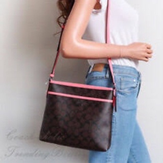 (ผ่อน0%) กระเป๋าสะพายข้าง Coach 29210 Zip File Crossbody in Signature Canvas Brown Pink Lemonade ลายซีสีน้ำตาล สายสีชมพู