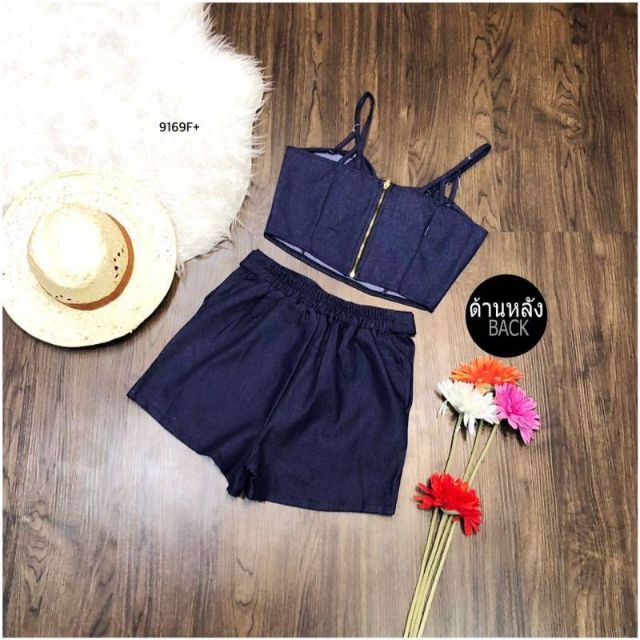 tw9169-set2ชิ้น-เสื้อ-กางเกงขาสั้น-ยีนส์เทียม-เซทเรียบๆใส่ง่ายๆ-จับคู่มากับกางเกงทรงสวยเป้ะ