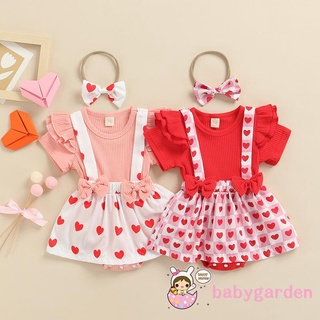 BABYGARDEN-Valentine´s Day Baby Girls Romper, Sweet Style Heart Printing Splicing Lace Short Sleeve Jumpsuit + Bow Headwear