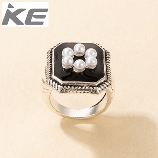 series French elegant palace black drop glaze pearl flower ring indifferent index finger ring