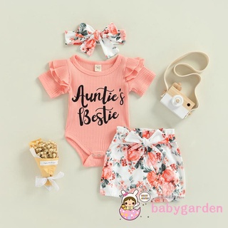 Babygarden-0-18 เดือน ชุดรอมเปอร์ แขนสั้น คอกลม พิมพ์ลายตัวอักษร และกางเกงขาสั้น ลายดอกไม้ และที่คาดผม สําหรับเด็กผู้หญิง 3 ชิ้น