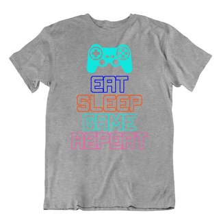 คอลูกเรือเสื้อยืด พิมพ์ลาย Eat Sleep Game Repeat แฟชั่นตลก สําหรับผู้ชายS-5XL