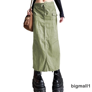 Bigmall- กระโปรงยาวลําลอง ผ่าข้าง มีกระเป๋าด้านข้าง สีพื้น สีเขียว สไตล์เรียบง่าย สําหรับผู้หญิง