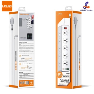 สินค้า ของแท้100%    LDNIO ปลั๊กไฟ SC10610  10Socket รองรับ 5USB &1USB-C QC 3.0 Fast charge ชาร์จเร็ว กำลังไฟ 2500W-สายยา