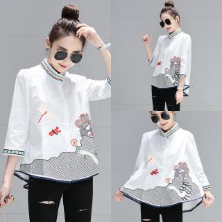 ReadyStock S-2XL Embroidery Blouse Vintage Pattern Loose White Korean Casual Tops Women Embroidered Shirt 3/4 Sleeve