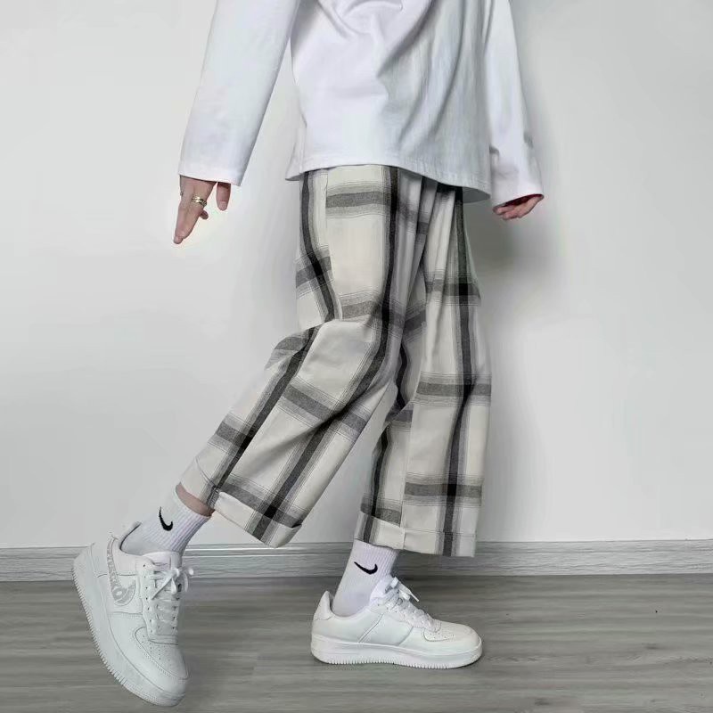 เสื้อผ้า-bjhg-บางกางเกงลายสก๊อตลำลองผู้ชายเกาหลีหลวมกางเกงขากว้างข้อเท้ายาวกางเกงขาตรง-s-3xl