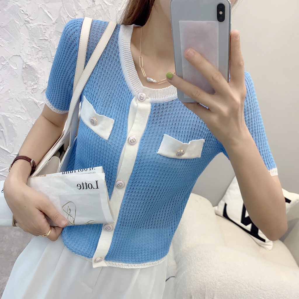 cicishop-bz1090-เสื้อไหมพรมแขนสั้น-กระดุมเพชรเรียบหรู-คุณหนุสุดๆ