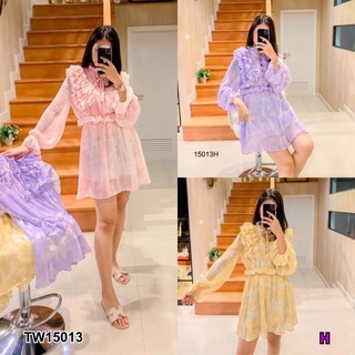 B15013 เดรสชีฟองอกระบายสานเชือก Chiffon ruffled lace dress