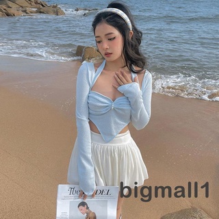 Bigmall- เสื้อท็อปแขนกุด ทรงสามเหลี่ยม ผูกเชือกคล้องคอ สีพื้น สําหรับผู้หญิง 2 ชิ้น