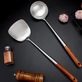 ▣▥☒304 Stainless Steel Spatula Spoon With Wooden Handle Lengthened Cooking Spoon Anti-Scalding Cooking Shovel Kitchenwar