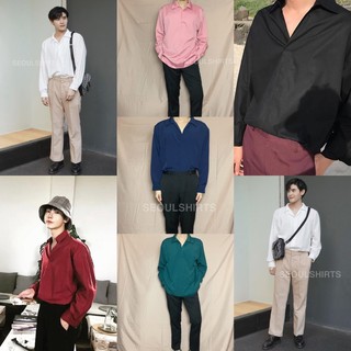 ภาพขนาดย่อของสินค้าS4: ราคาส่ง มี 10 สี เสื้อเชิ้ตแขนยาว เชิ้ตสีพื้นสไตล์เกาหลี ไม่มีกระดุม มีไซส์ M L XL XXL ผ้าดี ทรงสวย ใส่สบาย