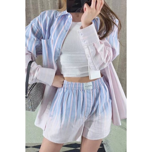 wang-เสื้อเชิ้ตแขนยาวและกางเกงขาสั้นสองชิ้น