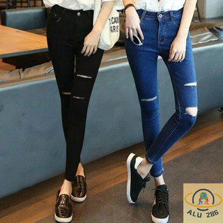 ALU286 👖เสื้อผ้าสตรี👖 กางเกงรัดรูป  กางเกงยีนส์ขาเดฟ สีดำ สไตล์เกาหลี เอวสูง ทรงสลิม ทรงสลิม ขาเล็ก ทรงดินสอ กางเกงยีนส์💖