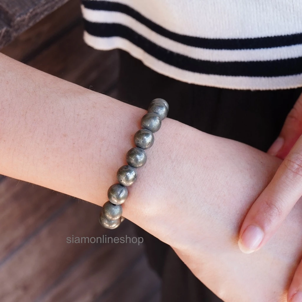 PYRITE ไพไรต์ เพชรหน้าทั่ง เลือกขนาดเม็ดหินได้ (4-14 มม) หินแห่งการดูดทรัพย์ ดูดเงิน สร้อยข้อมือหินแท้ https://wayoza.com