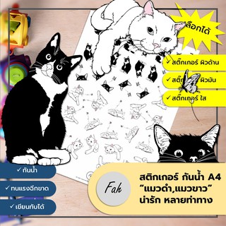 Sticker,สติ๊กเกอร์,แมวน่ารัก,แมวดำ,แมวขาว,A4,ไดคัท,Die cut,กันน้ำ,เขียนได้,หลายสี,DIY,สีสวย,น่ารัก,ตกแต่ง,การ์ตูน,Cat