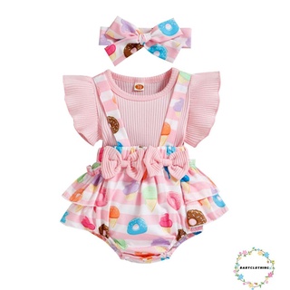 Babyclothes- ชุดรอมเปอร์ ทรงสามเหลี่ยม พิมพ์ลายโดนัท ดอกไม้ พร้อมที่คาดผม สองชิ้น สําหรับเด็กผู้หญิง