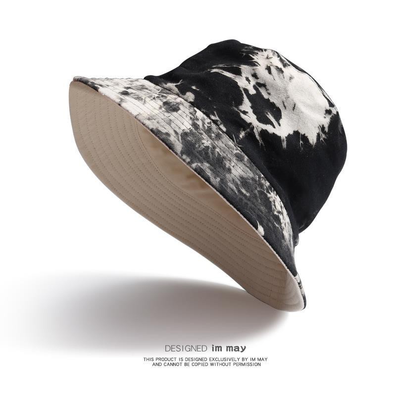 hot-sale-หมวกถัง-เกาหลีรุ่นสองด้านมัดย้อมสีดำหมวกชาวประมงหมวกกันแดดสำหรับผู้ชายและผู้หญิง-ของขวัญผ้าพันคอสี่เหลี่ยม