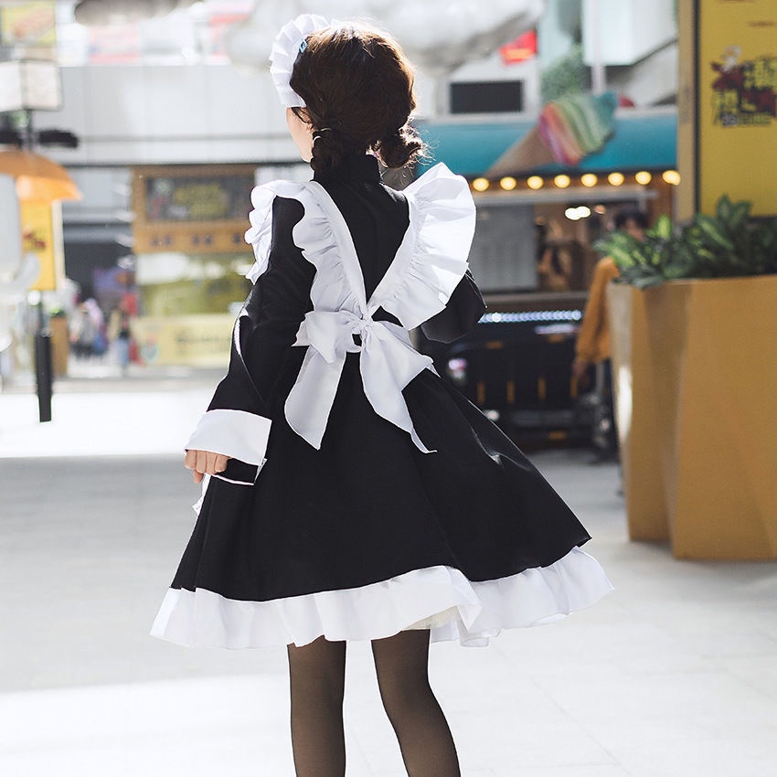 ชุดเมด-ชุดเมดคอสเพลย์-ญี่ปุ่นโกธิคสีดำและสีขาวแม่บ้านชุดโลลิต้าแขนยาวผู้หญิงแพ็คฮาโลวีนคอสเพลย์โลลิต้า