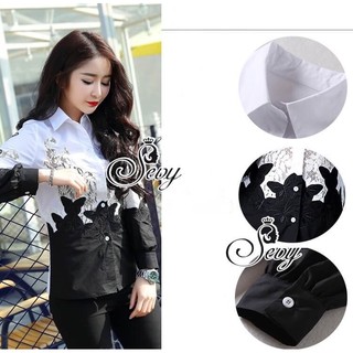 Butterfly See-Through Long Sleeve Black &amp; White Shirt