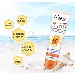 DISAAR VC ครีมกันแดดทาหน้าและผิวกาย SPF 50 ไวท์เทนนิ่งครีมกันแดดผิวครีมป้องกันรังสียูวีควบคุมความมันครีมกันแดดกันน้ำ 50g