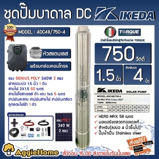 IKEDA SET ชุดเชต บาดาลDC รุ่น DC48/750-4 +แผง GENIUS 340 w 2แผง (สำหรับลงบ่อ4) ท่อออก1.5นิ้ว อุปกรณ์ครบชุด