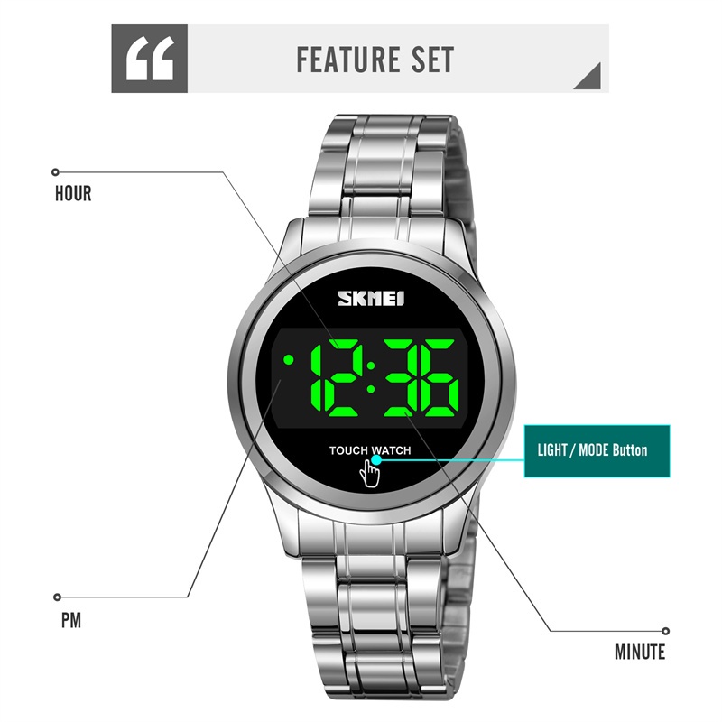 skmei-นาฬิกาข้อมือดิจิทัล-led-หน้าจอสัมผัส-สีเขียวอ่อน-หรูหรา-สายเหล็ก-กันน้ํา-เหมาะกับเล่นกีฬา-ให้เป็นของขวัญ-สําหรับผู้หญิง