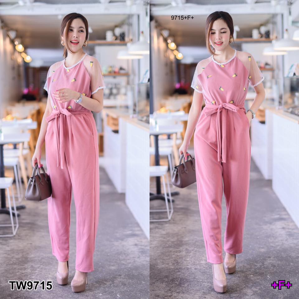 จั๊มสูทแขนสั้นผ้ามุ้งซีทรูปักลายสับปะรด-tw9715