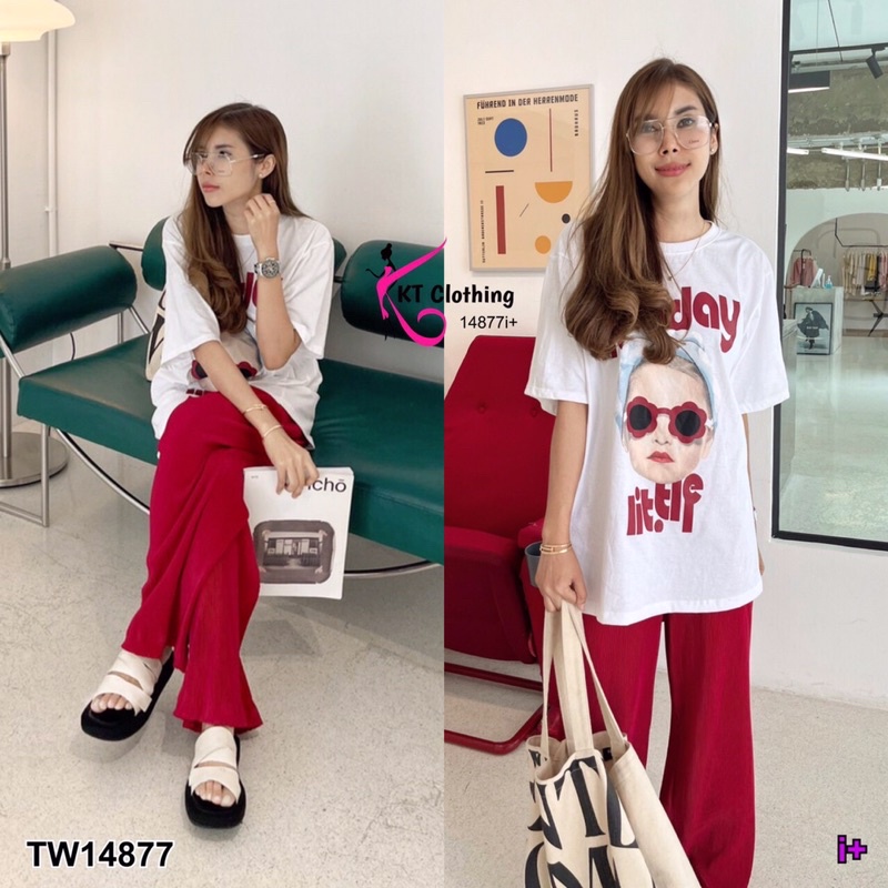 tw14877-set-2-ชิ้น-เสื้อยืดคอกลม-แขนสั้น-สกรีนลายกราฟฟิก-มาพร้อมกางเกงขายาว-เอวสม็อก-ผ้าอัดพลีท-ทรงโอเวอร์ไซส์-มีกระเป๋า