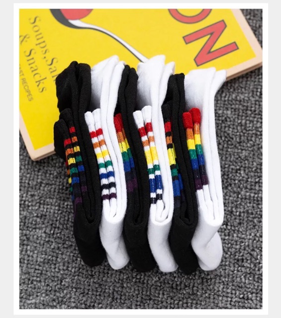 ถุงเท้าแฟชั่น-ลายสายรุ้ง-ฟรีไซส-ถุงเท้าข้อกลาง-ลายทางสีสันสด-rainbow-socks-no-17
