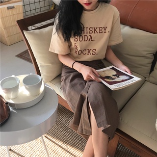 เดรสคอกลมแขนสั้นพิมพ์ลายเสื้อยืดคอกลม แขนสั้น พิมพ์ลายตัวอักษร ดอกไม้ ทรงหลวม