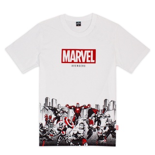 █♬♫♪♩ เสื้อแขนสั้น Marvel Avengers Men Flock Print Logo -T-Shirt เสื้อยืดผู้ชายมาร์เวล ลายโลโก้อเวนเจอร์