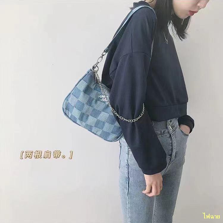 พร้อมส่ง-กระเป๋าผ้าเดนิมยีนส์ระดับไฮเอนด์จากญี่ปุ่น-กระเป๋าสะพายไหล่สายโซ่ย้อนยุคหญิงสไตล์เกาหลี