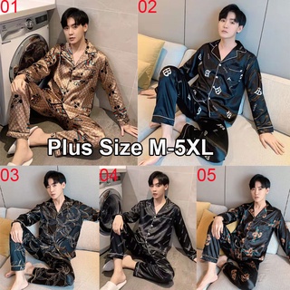 ชุดนอนแขนยาว ผ้าซาติน ขนาดใหญ่ คุณภาพดี สําหรับผู้ชาย ไซซ์ M - 5XL