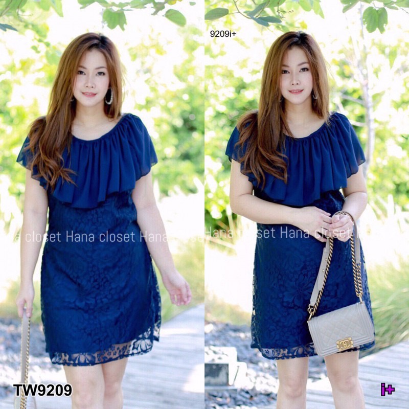 tw9209-dress-สาวอวบ-เดรสลูกไม้คอกลม-แต่งระบายคลุมไหล่-ทรงเอ-มีโบว์ผูกหลังให้เข้ารูป-ทรงสวย-ผ้าลูกไม้เนื้อดี